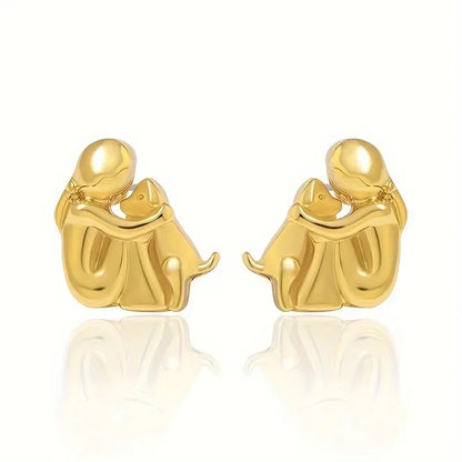 Cute Two Tone Gold Silver Color Women and Dog Stud Earrings Dog Mom Small Hoop Earrings Animal Pet Jewelry