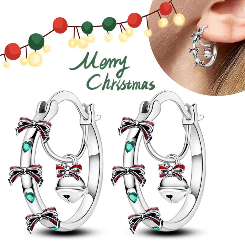 Original 2025 New 925 sterling silver Christmas Red Bow Bell Charms Earrings for Women Earrings Christmas Jewelry Gifts