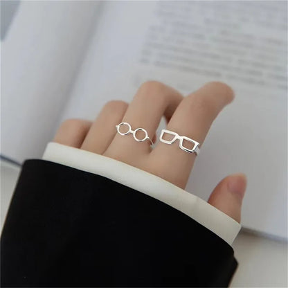 Original Creative Simple Fashion 925 Sterling Silver Round Square Glasses Open Rings For Women Girl Gift XR053