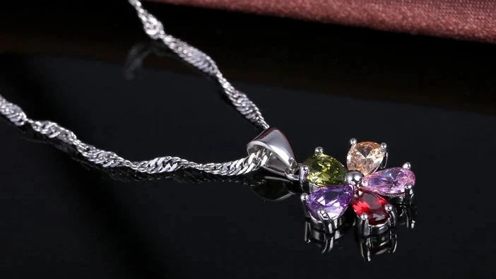 Shinning Flower Colorful CZ Crystal Pendant Jewelry Sets 925 Sterling Silver Pendant Necklace + Dangle/Hoop Earring Sets