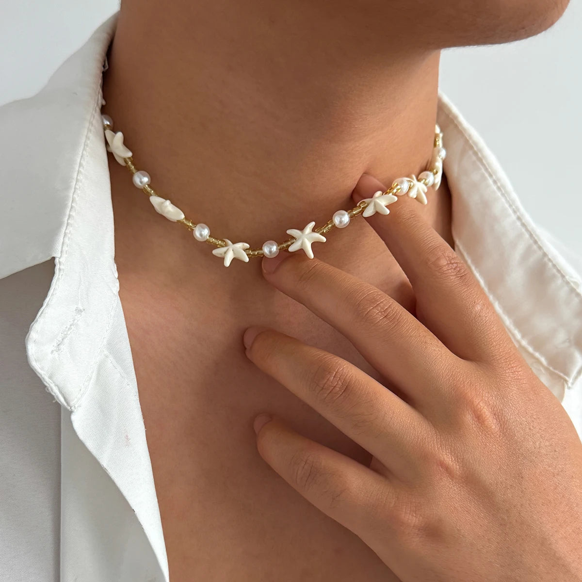 Ingemark Boho Starfish Imitation Pearl Choker Necklace for Men 2025 Trend Goth Adjustable Clavicle Chain Surfers Beach Jewelry