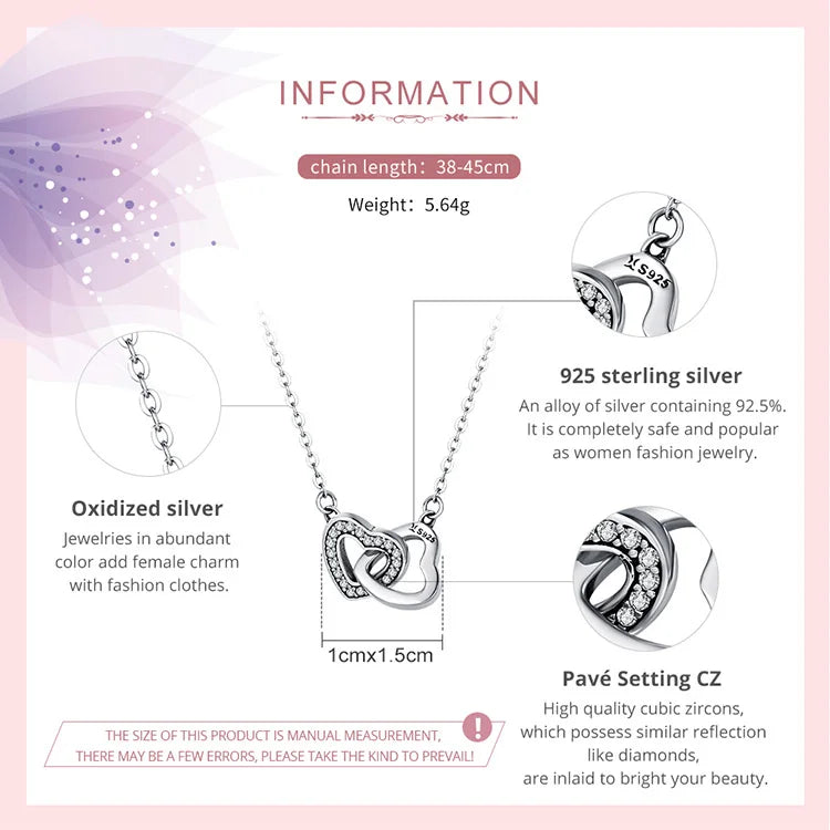 BAMOER 925 Sterling Silver Connected Heart Pendant Necklace for Girlfriend Valentine's Day Gift Fine Jewelry SCN181