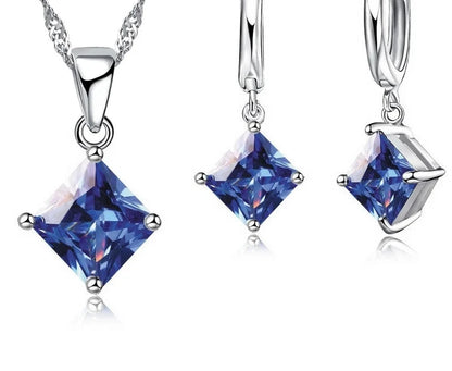 New Fashion Women Pendants Necklace Simple Geometry Square Earrings Crystal 925 Sterling Silver Jewelry Sets for Wedding