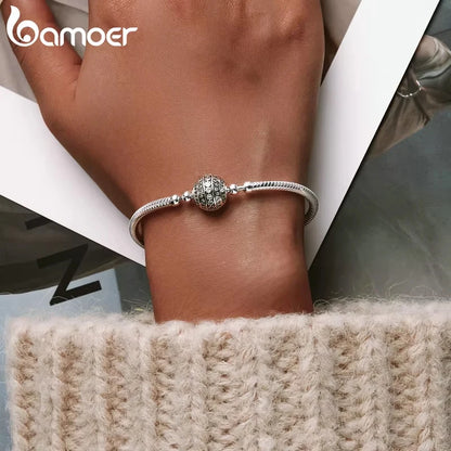 Bamoer 100% 925 Sterling Silver Dazzling Clear CZ Round Clasp Snake Chain Flower Clasp Bracelet Fine Jewelry SCB062