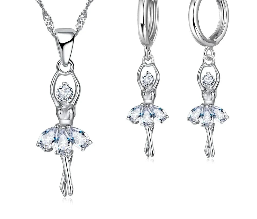 Solid S925 Sterling Silver Jewelry Gift Sets Cute Ballet Dancer Design Necklace Hoop Loop Earrings for Women Party