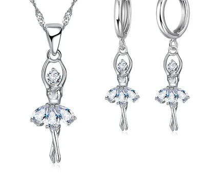 Solid S925 Sterling Silver Jewelry Gift Sets Cute Ballet Dancer Design Necklace Hoop Loop Earrings for Women Party
