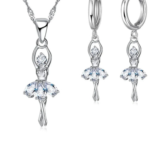 Solid S925 Sterling Silver Jewelry Gift Sets Cute Ballet Dancer Design Necklace Hoop Loop Earrings for Women Party