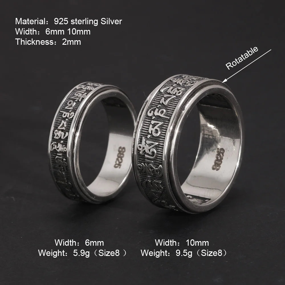 Real 925 Sterling Silver Vintage Rings For Men Rotatable Tibetan Six Words Mantra Rings Om Mani Padme Hum Buddhist Jewelry
