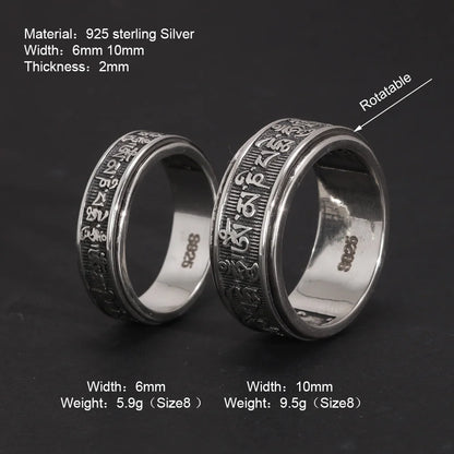 Real 925 Sterling Silver Vintage Rings For Men Rotatable Tibetan Six Words Mantra Rings Om Mani Padme Hum Buddhist Jewelry