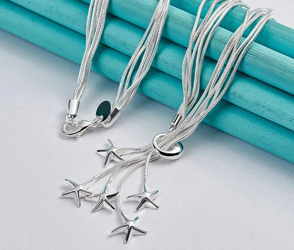 DOTEFFIL 925 Sterling Silver Five Snake Chain Starfish Necklace For Women Wedding Engagement Fashion Jewelry