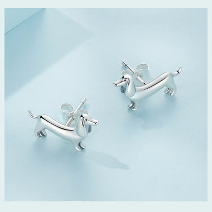 BISAER 925 Sterling Silver Cute Pet Dog Jewelry Set Dachshund Animal Stud Earrings Adjustable Rings for Women Lovely Party Gift
