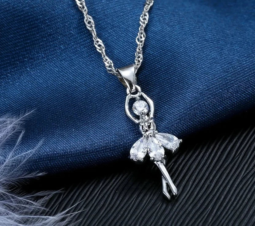 Solid S925 Sterling Silver Jewelry Gift Sets Cute Ballet Dancer Design Necklace Hoop Loop Earrings for Women Party