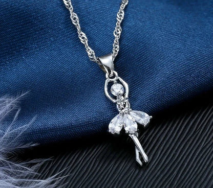 Solid S925 Sterling Silver Jewelry Gift Sets Cute Ballet Dancer Design Necklace Hoop Loop Earrings for Women Party