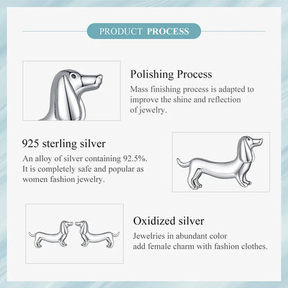 BISAER 925 Sterling Silver Cute Pet Dog Jewelry Set Dachshund Animal Stud Earrings Adjustable Rings for Women Lovely Party Gift
