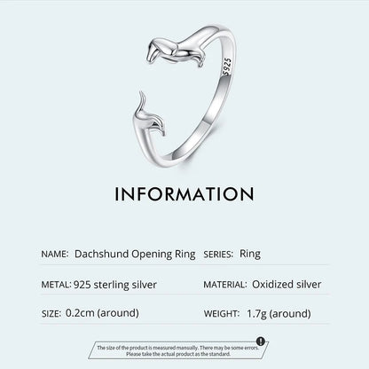BISAER 925 Sterling Silver Cute Pet Dog Jewelry Set Dachshund Animal Stud Earrings Adjustable Rings for Women Lovely Party Gift
