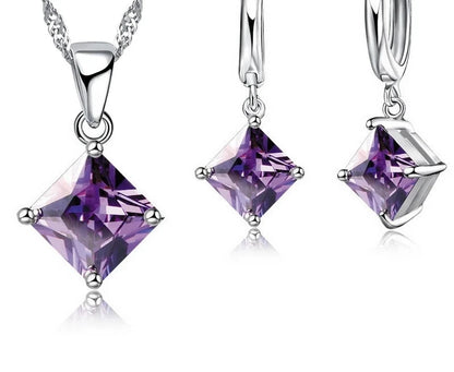 New Fashion Women Pendants Necklace Simple Geometry Square Earrings Crystal 925 Sterling Silver Jewelry Sets for Wedding