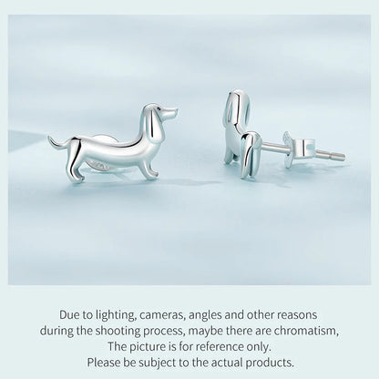 BISAER 925 Sterling Silver Cute Pet Dog Jewelry Set Dachshund Animal Stud Earrings Adjustable Rings for Women Lovely Party Gift