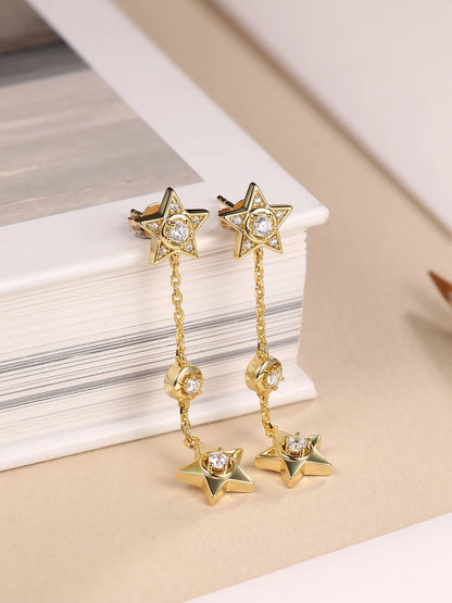 TYYL Star Tassel Long Dangle Earrings 925 Silver Needle 18k Gold Plated Star Pendant Drop Stud Earring For Women Girls Jewelry