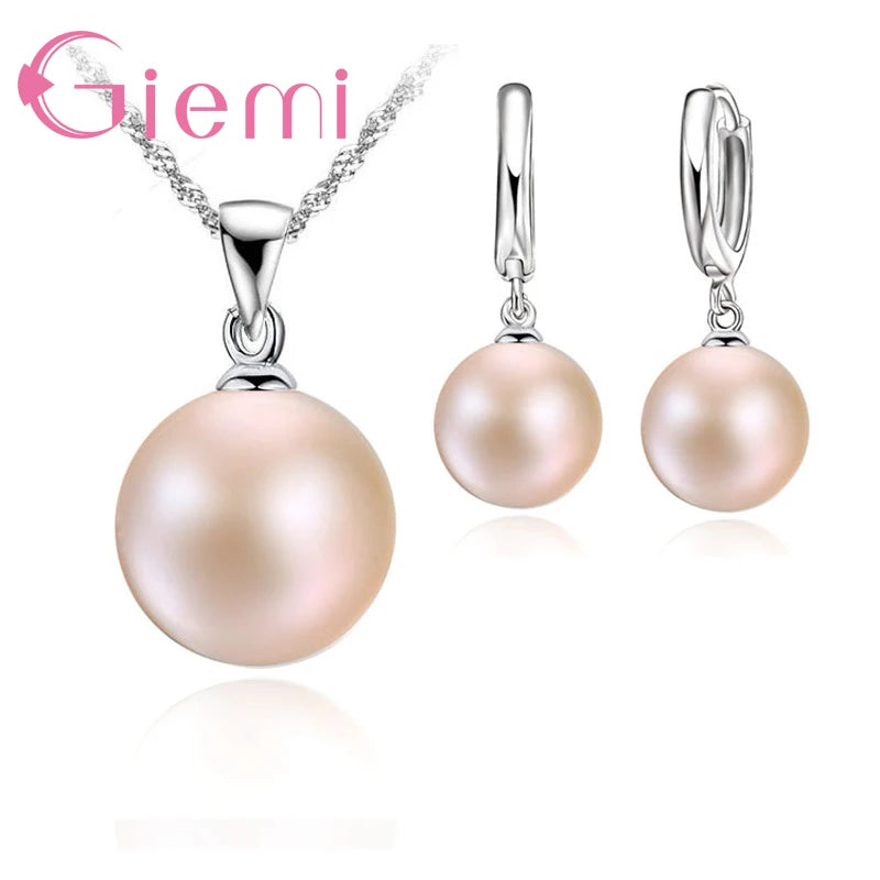 3 Color Option White/Black/Pink Pearl Jewelry Sets Luxury 925 Sterling Silver Necklace Pendant Earrings Set for Women Gift