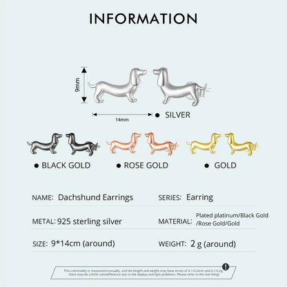 BISAER 925 Sterling Silver Cute Pet Dog Jewelry Set Dachshund Animal Stud Earrings Adjustable Rings for Women Lovely Party Gift