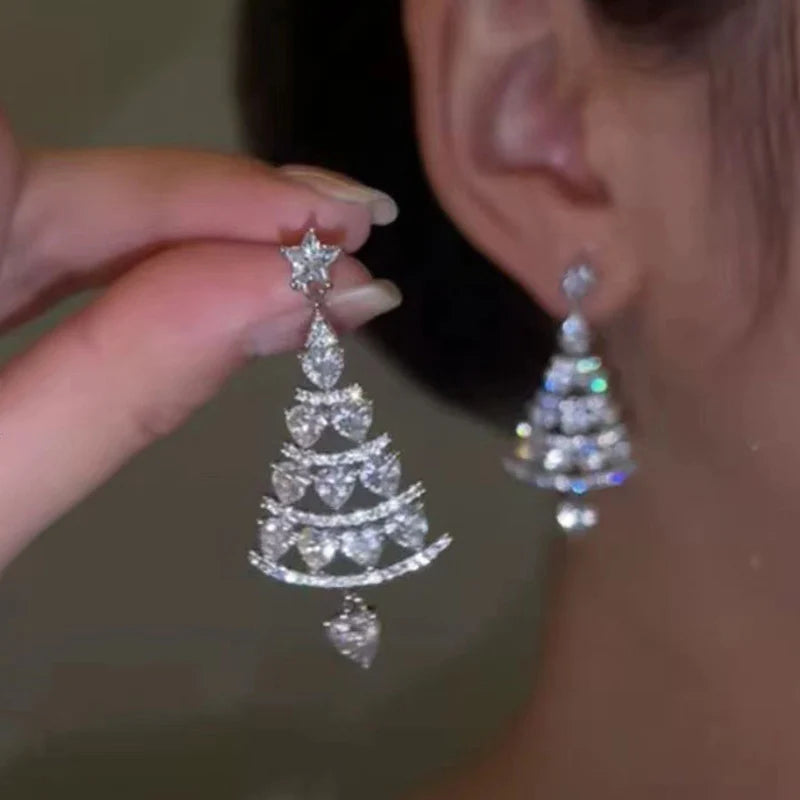 New Zircon Christmas Tree Earrings for Women Shiny Rhinestone Star Pearl Stud Earring New Year Xmas Festival Ear Jewelry