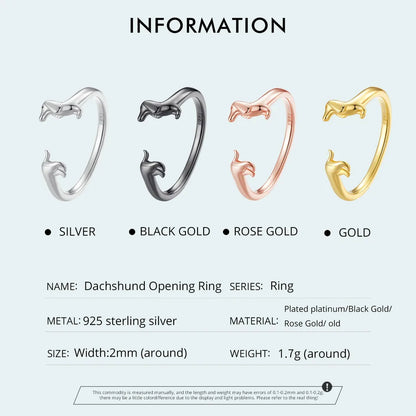 BISAER 925 Sterling Silver Cute Pet Dog Jewelry Set Dachshund Animal Stud Earrings Adjustable Rings for Women Lovely Party Gift