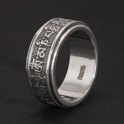 Real 925 Sterling Silver Vintage Rings For Men Rotatable Tibetan Six Words Mantra Rings Om Mani Padme Hum Buddhist Jewelry