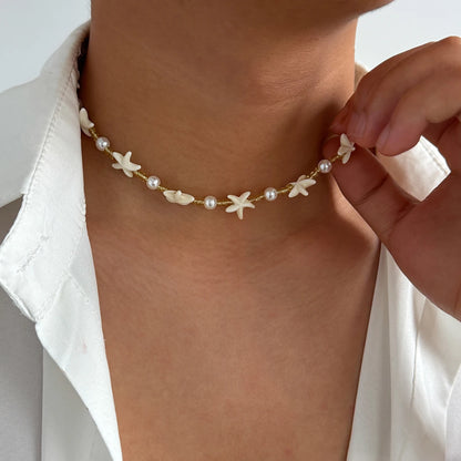 Ingemark Boho Starfish Imitation Pearl Choker Necklace for Men 2025 Trend Goth Adjustable Clavicle Chain Surfers Beach Jewelry