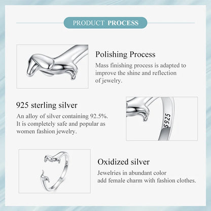 BISAER 925 Sterling Silver Cute Pet Dog Jewelry Set Dachshund Animal Stud Earrings Adjustable Rings for Women Lovely Party Gift