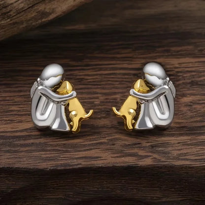 Cute Two Tone Gold Silver Color Women and Dog Stud Earrings Dog Mom Small Hoop Earrings Animal Pet Jewelry