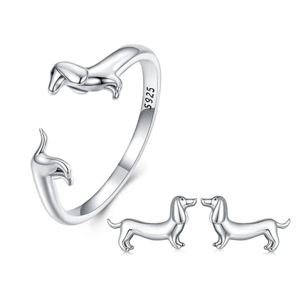BISAER 925 Sterling Silver Cute Pet Dog Jewelry Set Dachshund Animal Stud Earrings Adjustable Rings for Women Lovely Party Gift