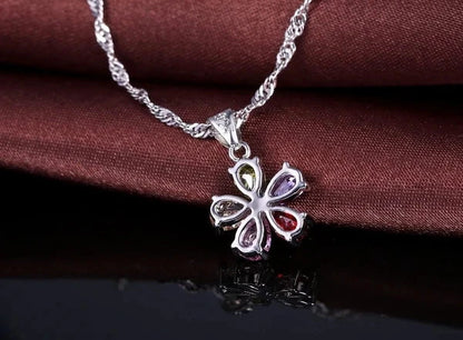 Shinning Flower Colorful CZ Crystal Pendant Jewelry Sets 925 Sterling Silver Pendant Necklace + Dangle/Hoop Earring Sets