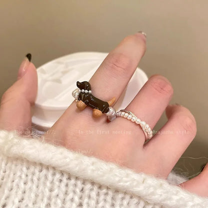 Cute Trendy Pearl Beaded Dog Elasticity Rings for Women Creative Design Charm Party Finger Jewelry Accessories Friendship Gift