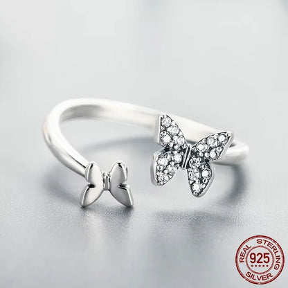 BAMOER Hot Sale 925 Sterling Silver Dazzling CZ Butterfly Open Finger Ring for Women Fashion Sterling Silver Jewelry Gift SCR087