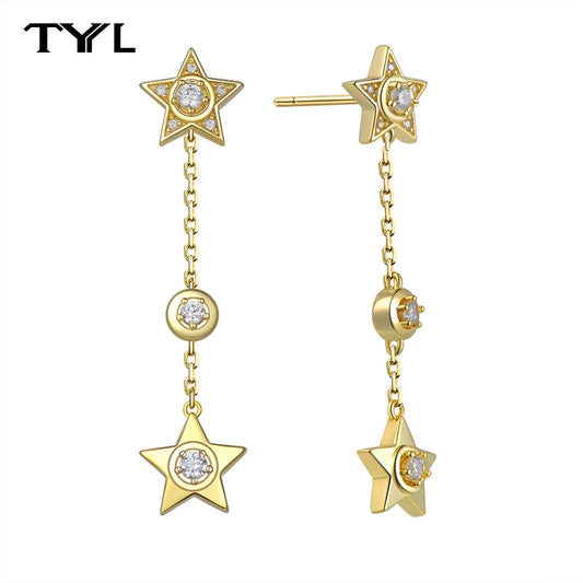 TYYL Star Tassel Long Dangle Earrings 925 Silver Needle 18k Gold Plated Star Pendant Drop Stud Earring For Women Girls Jewelry