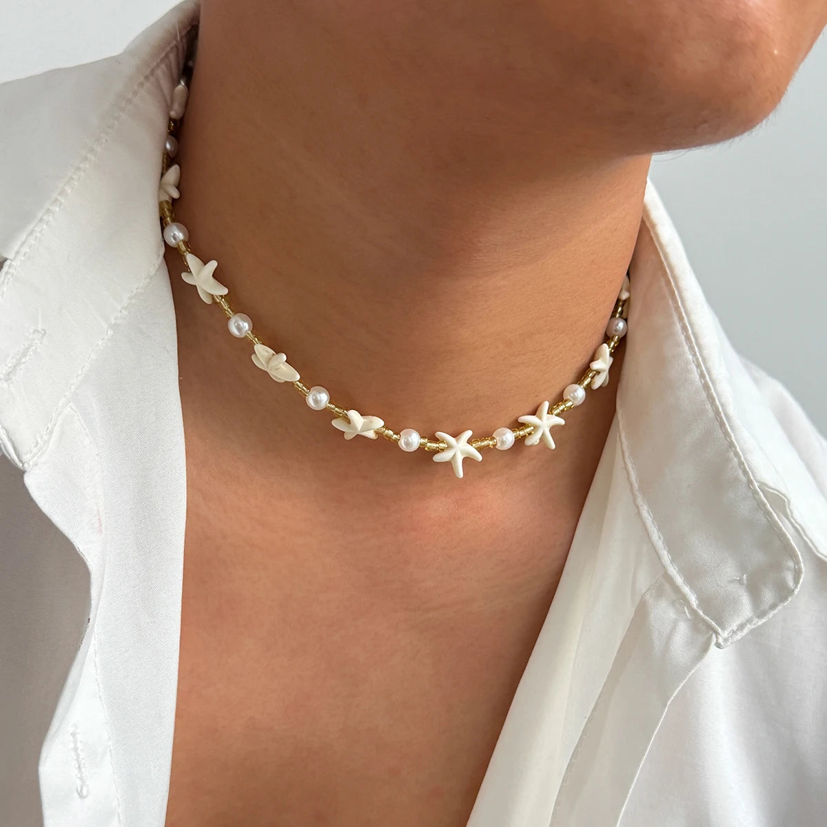 Ingemark Boho Starfish Imitation Pearl Choker Necklace for Men 2025 Trend Goth Adjustable Clavicle Chain Surfers Beach Jewelry