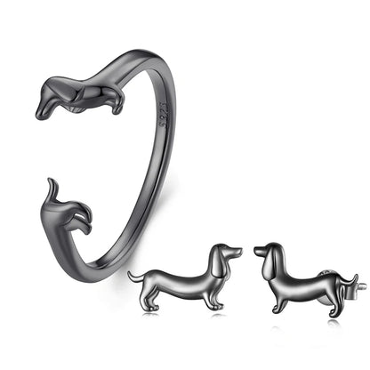 BISAER 925 Sterling Silver Cute Pet Dog Jewelry Set Dachshund Animal Stud Earrings Adjustable Rings for Women Lovely Party Gift