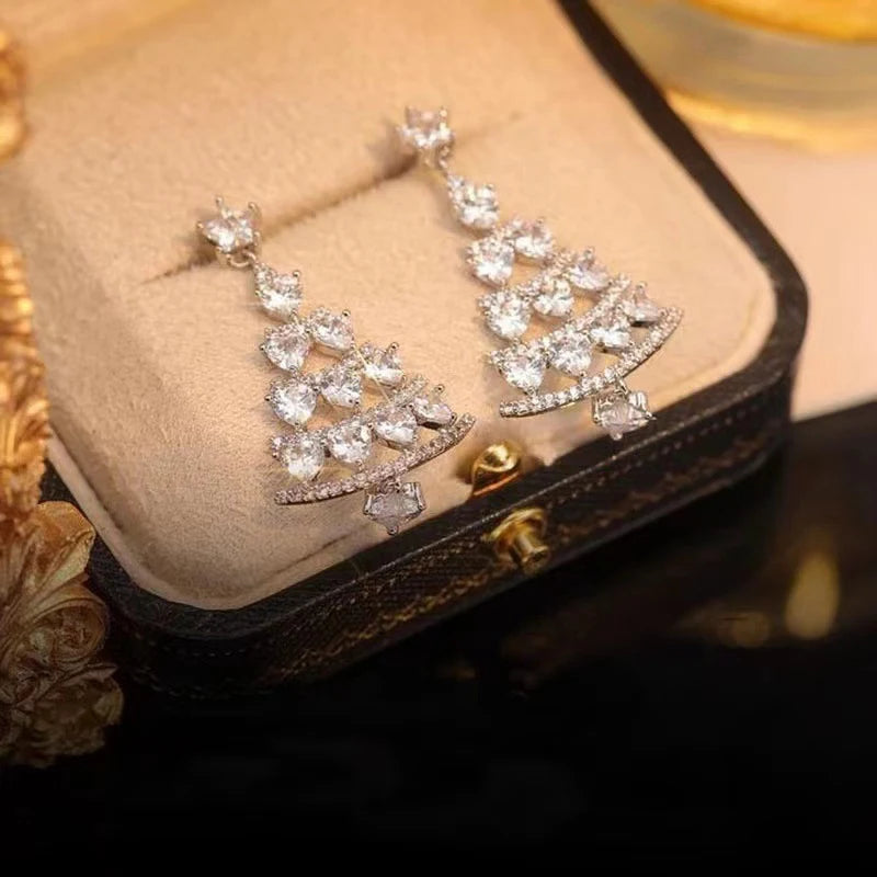 New Zircon Christmas Tree Earrings for Women Shiny Rhinestone Star Pearl Stud Earring New Year Xmas Festival Ear Jewelry