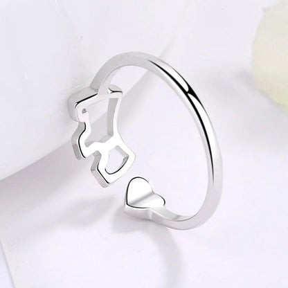 New Fashion 925 Sterling Silver Delicate Heart Pony Asymmetry Open Resizable Rings Women&Girl Exquisite Jewelry Finger Ring Gift