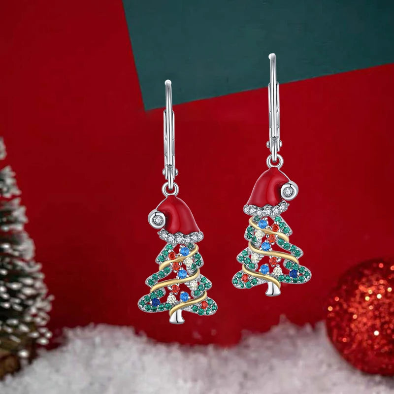 Christmas Earrings Christmas Tree Earrings for Women Dangle Drop S925 Sterling Silver Leverback Santa Claus Red Hat Holiday X-Ma