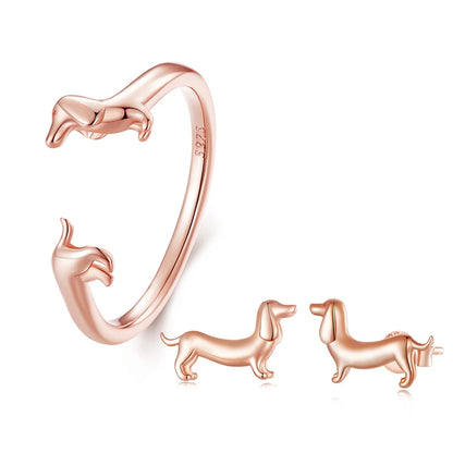 BISAER 925 Sterling Silver Cute Pet Dog Jewelry Set Dachshund Animal Stud Earrings Adjustable Rings for Women Lovely Party Gift
