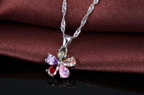 Shinning Flower Colorful CZ Crystal Pendant Jewelry Sets 925 Sterling Silver Pendant Necklace + Dangle/Hoop Earring Sets