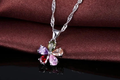 Shinning Flower Colorful CZ Crystal Pendant Jewelry Sets 925 Sterling Silver Pendant Necklace + Dangle/Hoop Earring Sets