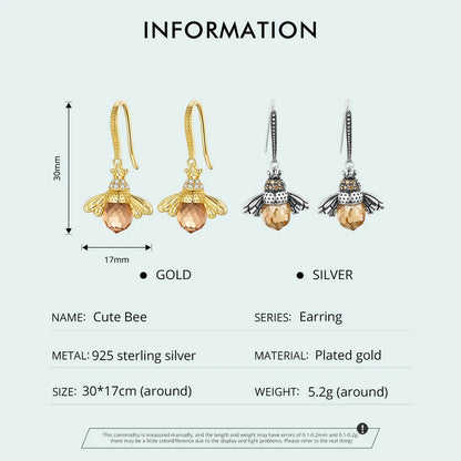 Bamoer Hot Sale 925 Sterling Silver Yellow Bee Drop Earrings for Women Lovely Insect Earrings Fine Jewelry Gift SCE149