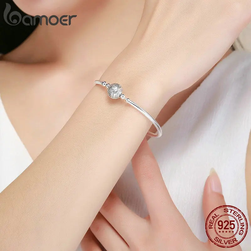 Bamoer 100% 925 Sterling Silver Dazzling Clear CZ Round Clasp Snake Chain Flower Clasp Bracelet Fine Jewelry SCB062