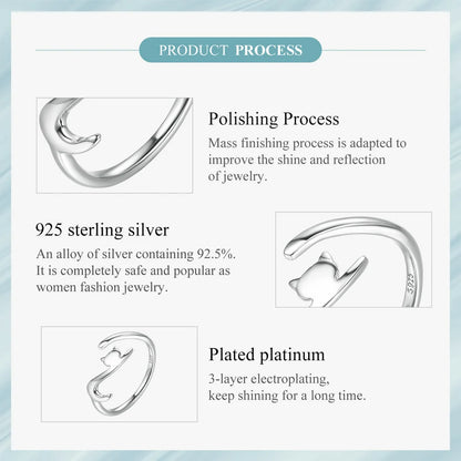 BAMOER 100% 925 Sterling Silver Sticky Cat with Long Tail Finger Ring Women Ring Adjustable Engagement Ring Jewelry SCR220