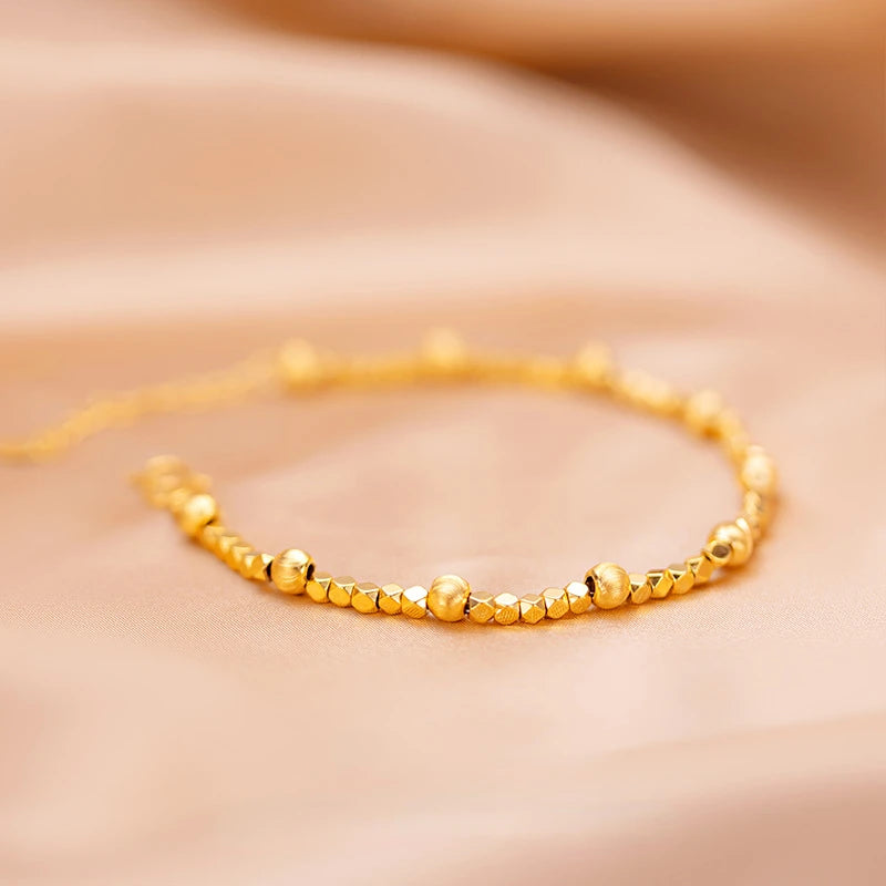 Pure 14k Gold Color Lucky Bead Bracelet for Women Bride Wedding Birthday Valentine's Day Drop Earrings Jewelry Gifts