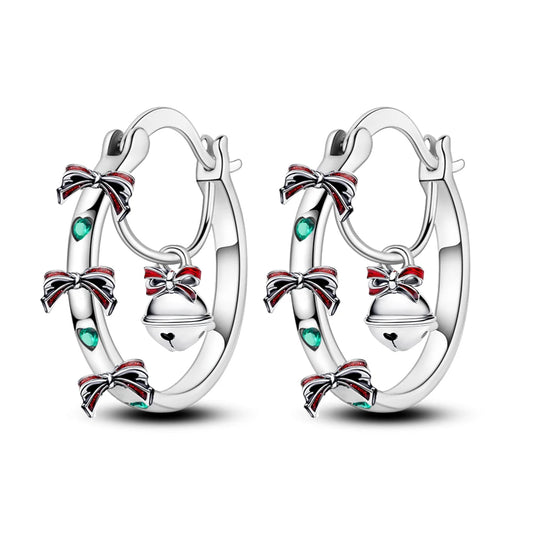 Original 2025 New 925 sterling silver Christmas Red Bow Bell Charms Earrings for Women Earrings Christmas Jewelry Gifts