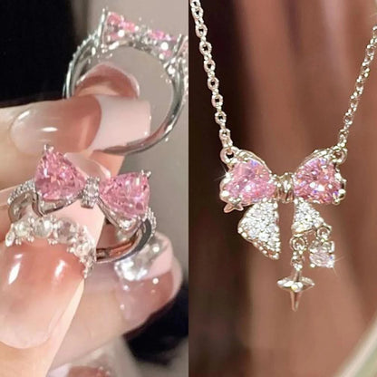 Fashion Fairy Pink Crystal Bow Knot Pendant Necklaces Y2K Girls Sweet Rhinestone Heart Clavicle Chain Women Jewelry Gifts
