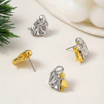 Cute Two Tone Gold Silver Color Women and Dog Stud Earrings Dog Mom Small Hoop Earrings Animal Pet Jewelry